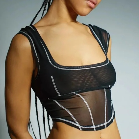 UO NYLA MESH CROPPED CORSET TOP IN BLACK Size Small - Picture 4 of 12